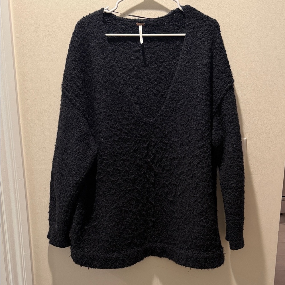 Free People Black Textured V-Neck Sweater